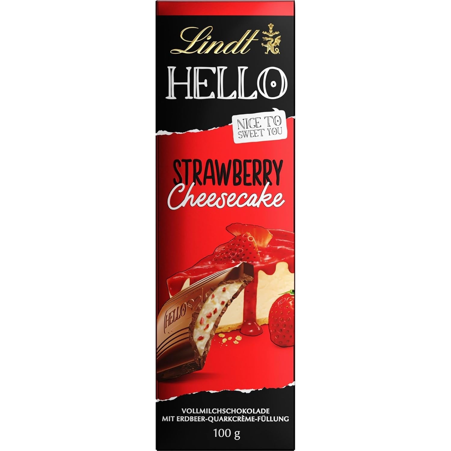 Lindt HEJ Strawberry Chocolate Cheesecake | Bar 100g | Mjölkchoklad med jordgubbskvarg gräddfyllning | Chokladkaka | Choklad present