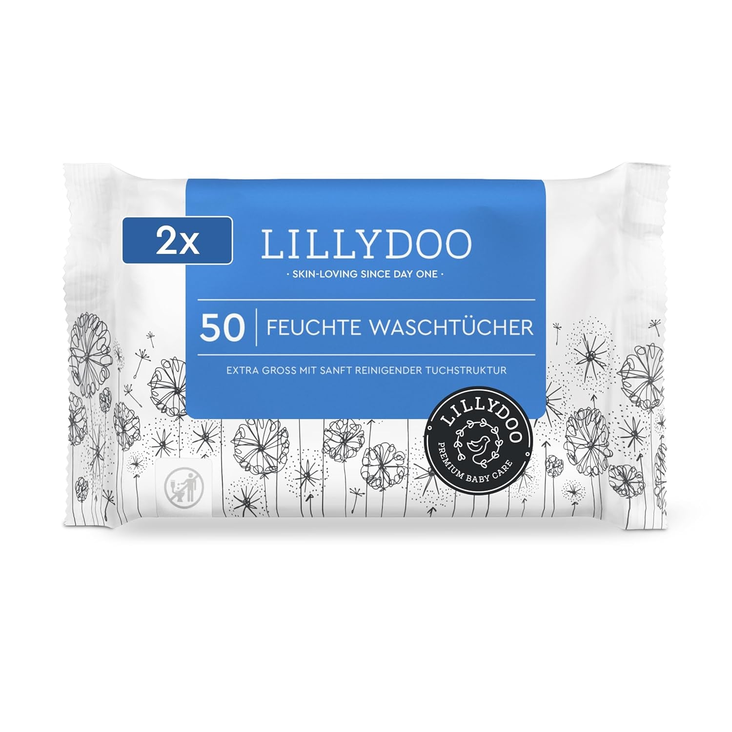 LILLYDOO våtservetter 50 antal 100 % plastfri extra stor våtservett oparfymerad