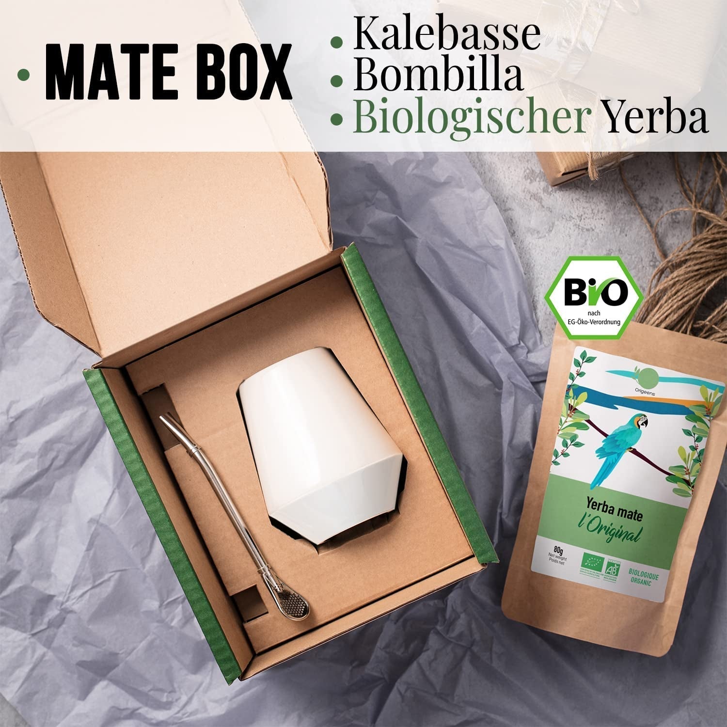 ORIGEENS MATE TE-SET Med portugisisk matekopp, bombilla och BIO Yerba Mate-te - Original presentset