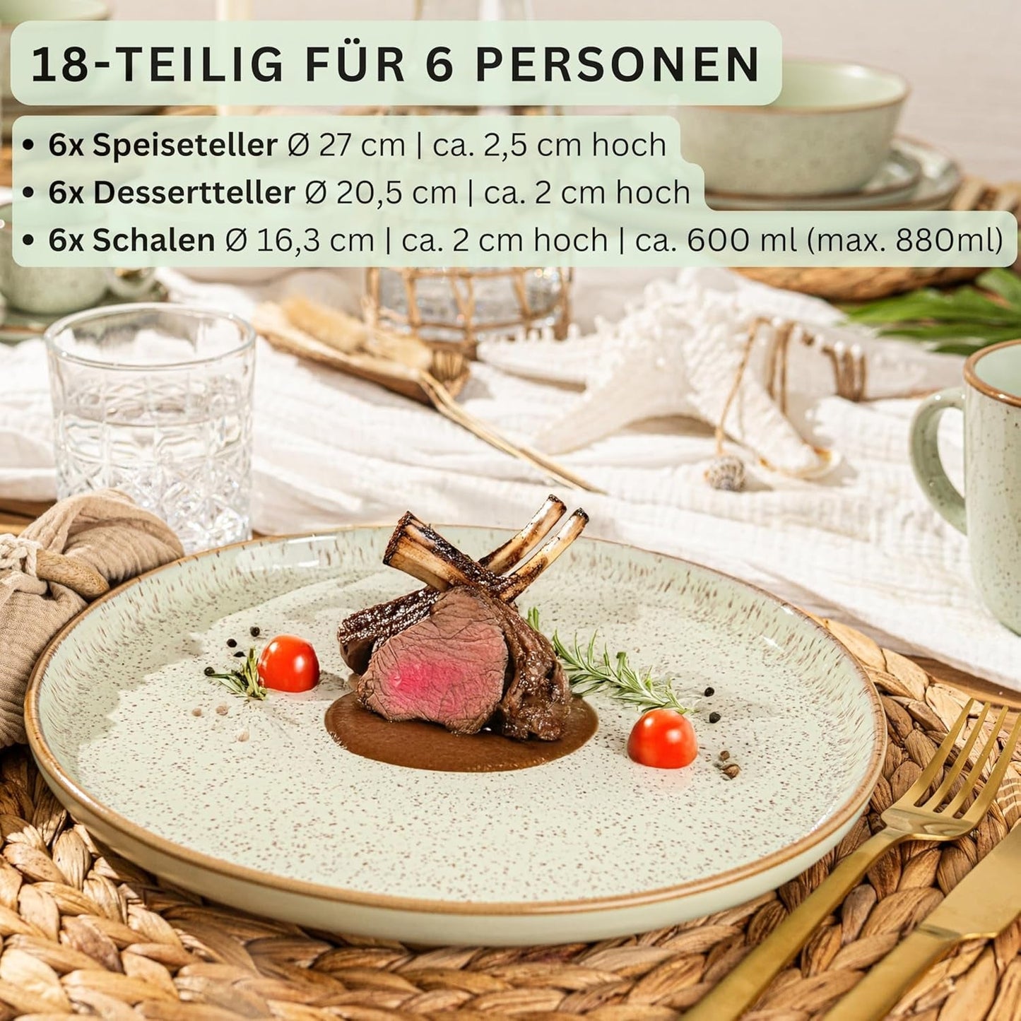 SÄNGER Rio Mint | Stengodsservis för 6, 6 tallrikar, 6 desserttallrikar, 6 skålar, mintgrön | VÄRDESAMLING