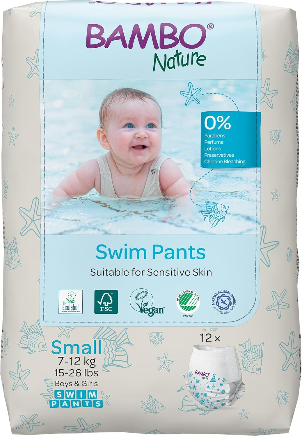Bambo Nature Babysimblöjor, storlek S (7-12kg), 12 blöjor | Säker passform engångsbadblöjor | Vattentät komfort under vattenlek