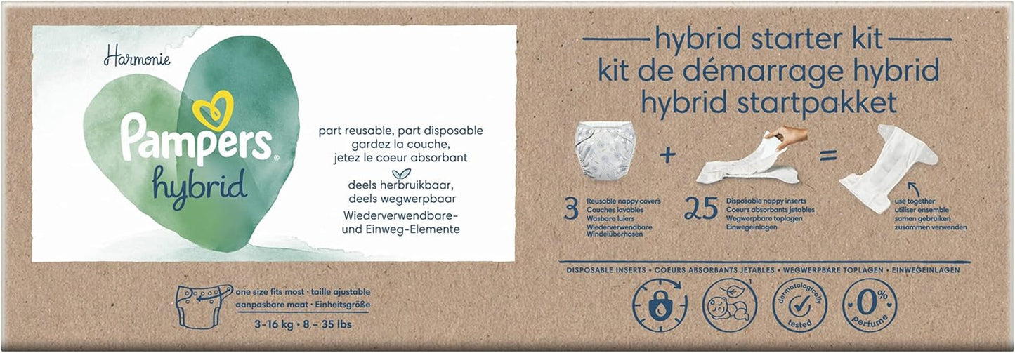 Pampers - Harmony Hybrid startpaket, 3 tvättbara blöjor + 25 engångsöversta lager - 1 förpackning