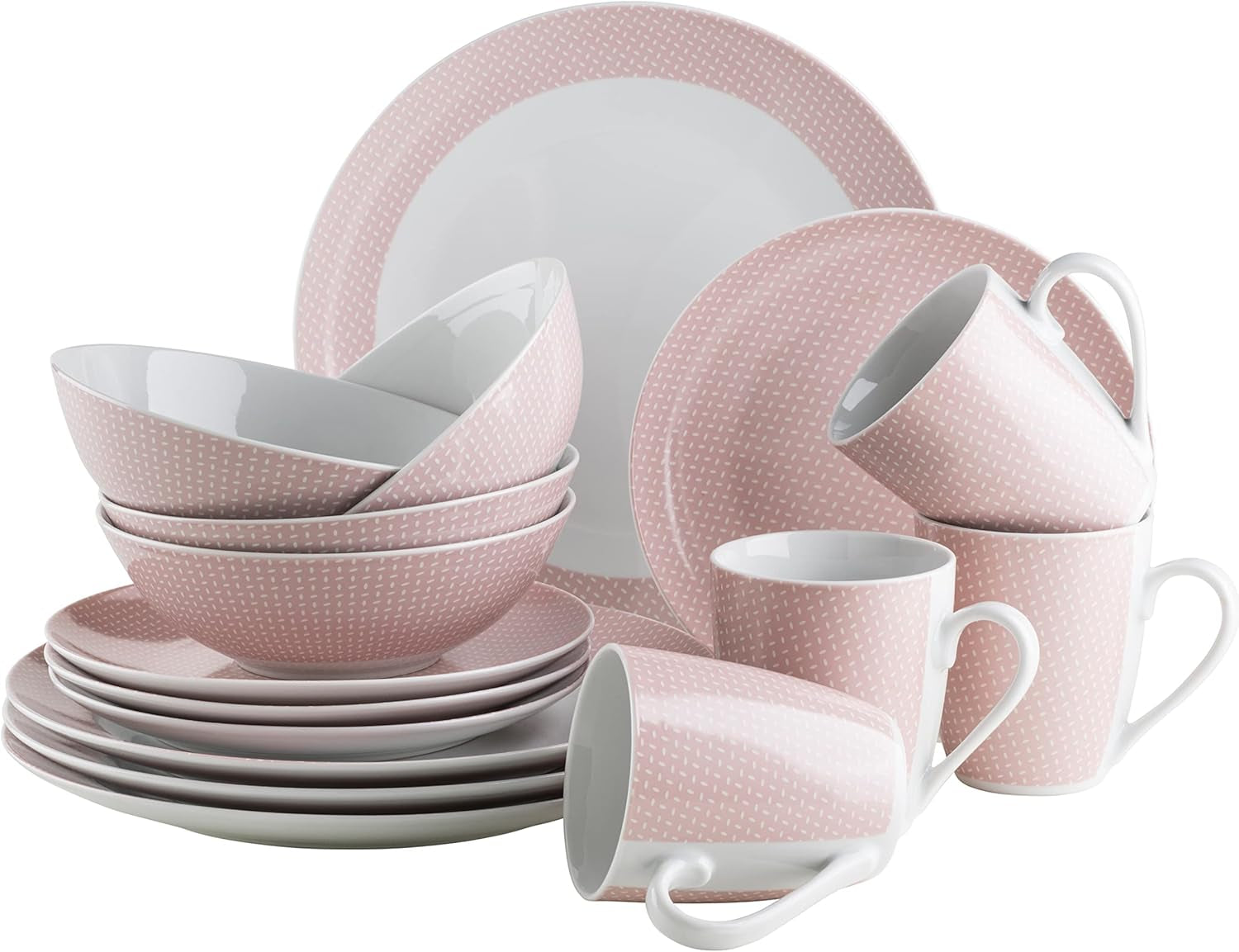 MÄSER Kitchen Time II, Servisset för 4, Kombinationsservice med 16 stycken i pastellfärger med subtilt mönster, Porslin, Rosa