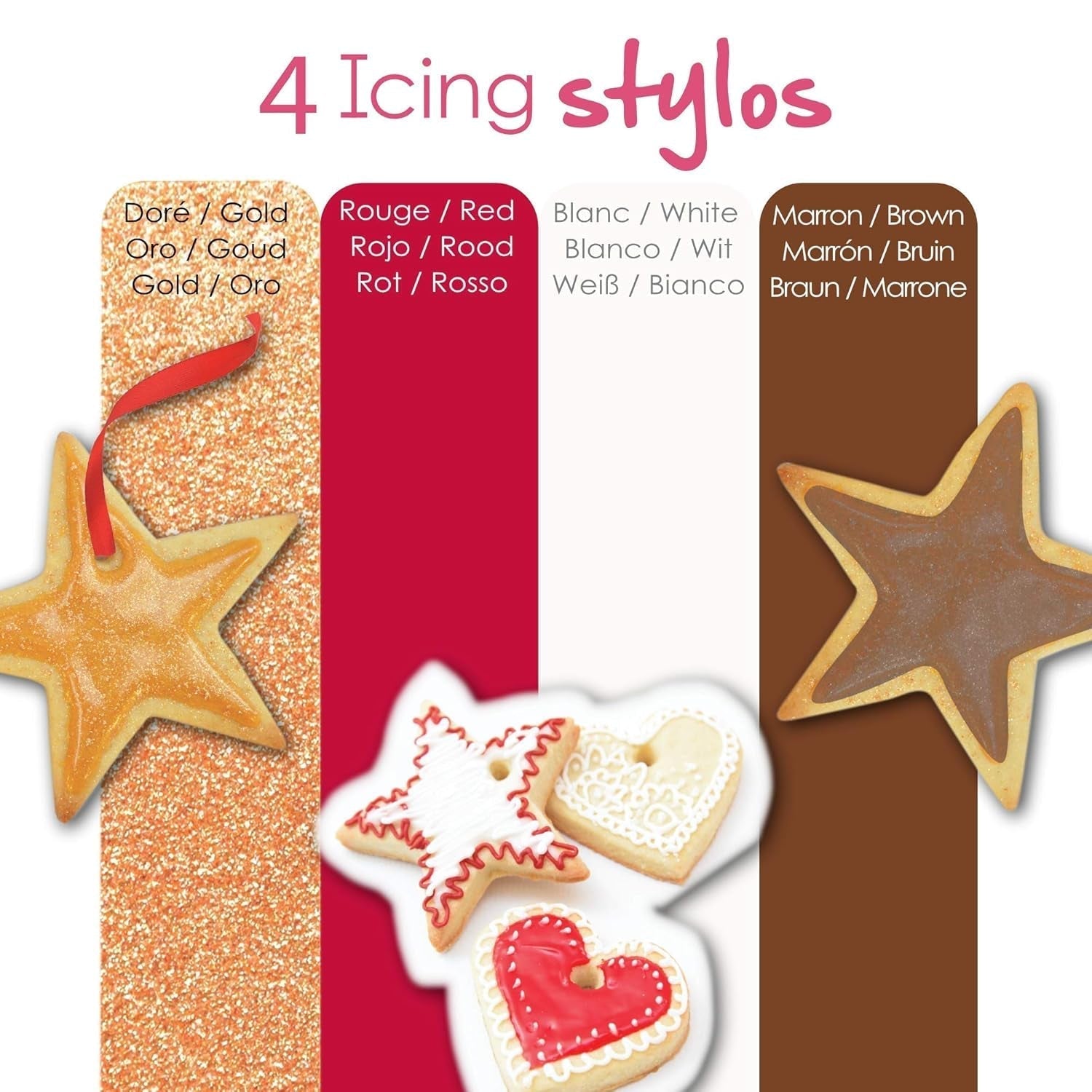 Scrapcooking - 4-delade markörer: guld, choklad, vit och röd - dekorativa ätbara pennor för att skriva och rita på desserter, kakor och kex