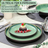 SÄNGER Greenwich | Stengodsservis, 18 delar, tallrikar för 6, servisset (6 mattallrikar, 6 desserttallrikar, 6 skålar), grön, reptålig, servis | VÄRDESAMLING