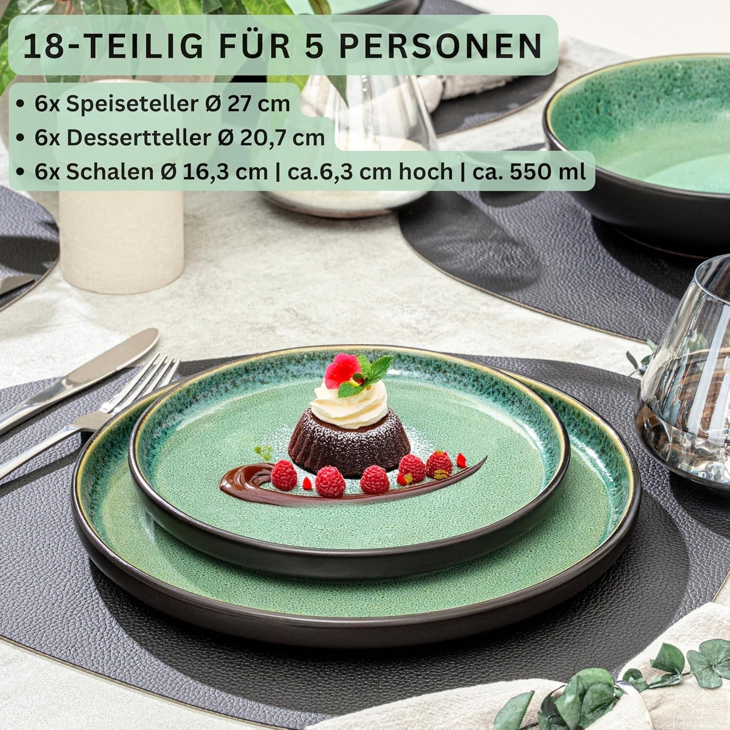 SÄNGER Greenwich | Stengodsservis, 18 delar, tallrikar för 6, servisset (6 mattallrikar, 6 desserttallrikar, 6 skålar), grön, reptålig, servis | VÄRDESAMLING