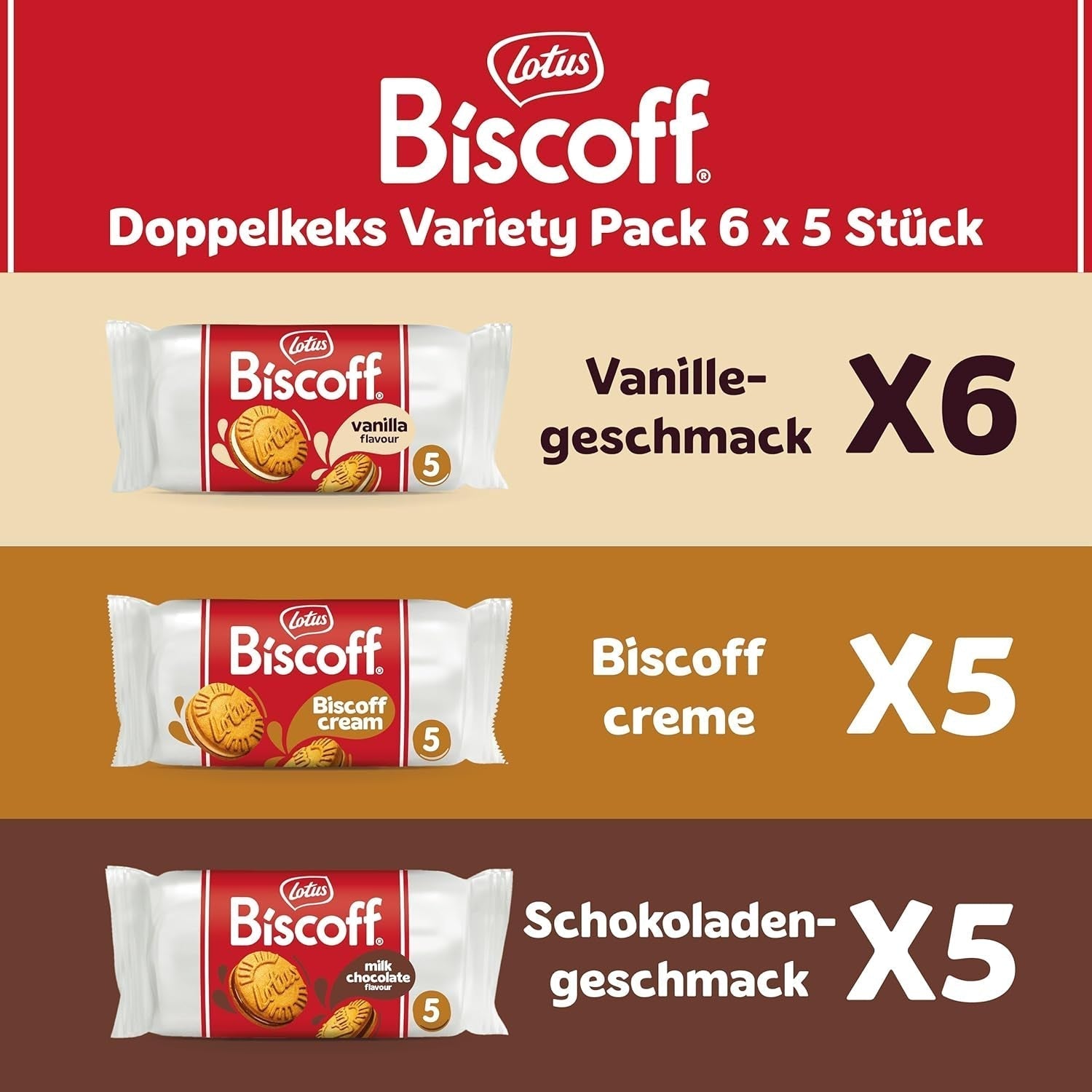 Lotus Biscoff | Dubbel kex Variety Pack | 3 sorter: Biscoff Cream, Vanilj och Choklad Smak | 5 dubbla kex per förpackning | Ingredienser av naturligt ursprung | Inga färgämnen | 16 x 50g | 800 g