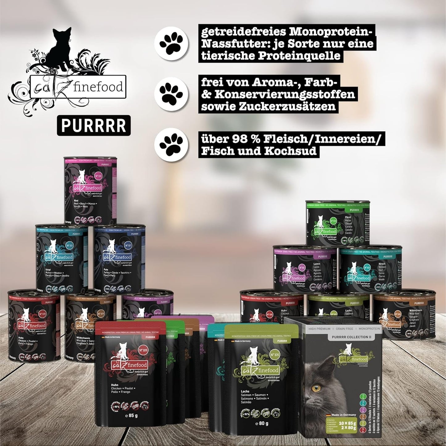 Catz Finefood Purrrr Collection I - Monoprotein Wet Cat Food - Spannmålsfri, Sockerfri, Hypoallergen - Hög kötthalt - Multipack våt kattmat - i påsar, 85g (12 förpackningar)