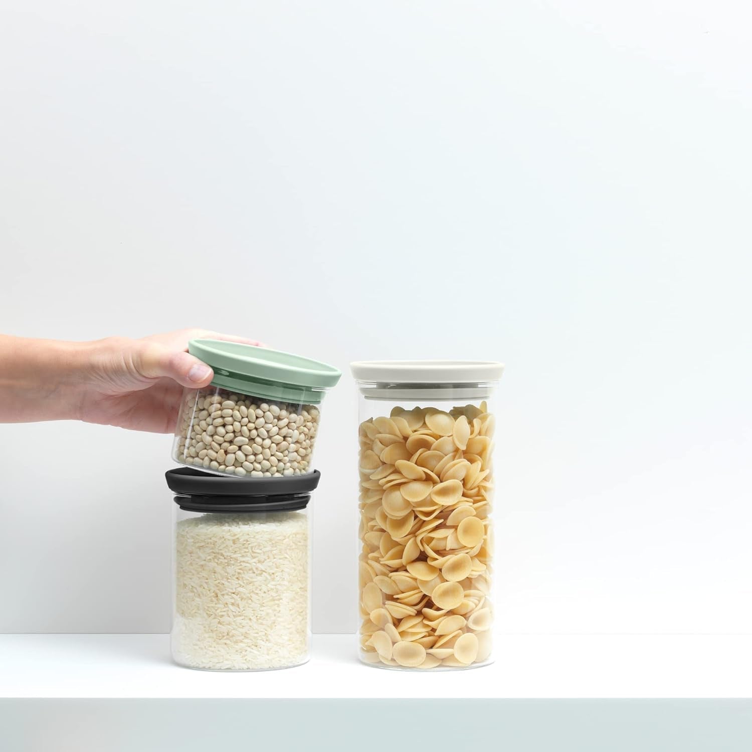 Brabantia - Stapelbar glasbehållare med lock - Set om 3 - Matförvaring - Håller maten fräsch längre - Silikonförsegling - Tål diskmaskin - Mörkgrå/Ljusgrå/Jadegrön - 0,3L/0,6L/1,1L Matförvaringslådor Naty Shop