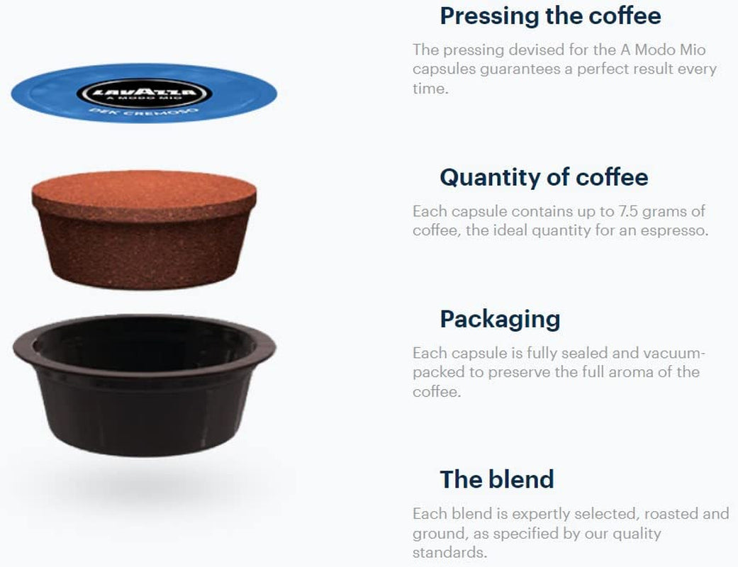 Lavazza A Modo Mio Dek Cremoso, 256 kaffekapslar, för koffeinfri espresso med aromatiska toner av mandel och canditis, 100% Arabica, intensitet 7/13, medelrostad, 16 förpackningar