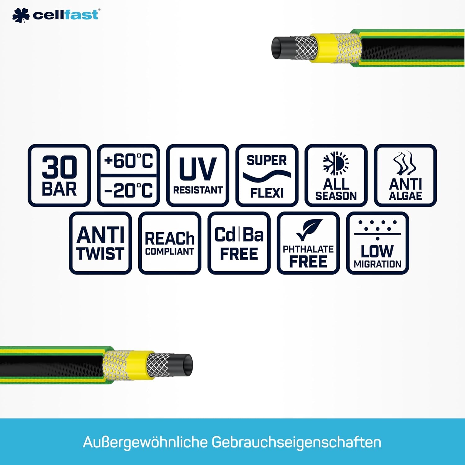 CELLFAST Trädgårdsslang 5-lagers vattenslang Dubbelflätad gränsöverskridande bevattningsslang UV-beständig Anti-Alger Flexibel 30 Bar 3,4 Inches 50 Meter Grön