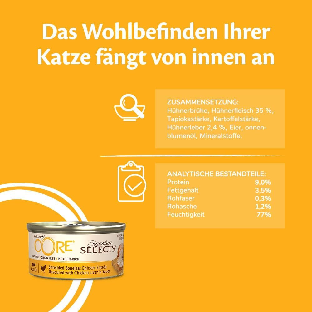 Wellness CORE Signature Selects 8 x 79 g, kyckling- och kalkonblandning - våt kattmat, läckra strimlor i sås, spannmålsfria, naturliga, allergivänliga, proteinrika, mycket kött