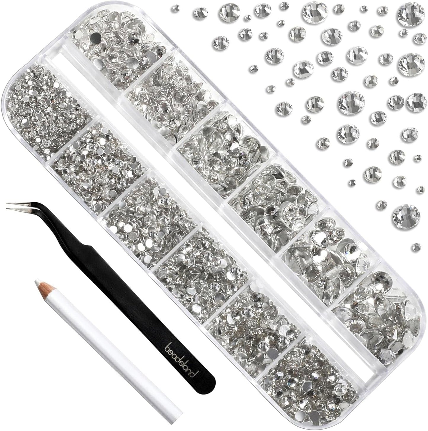 Beadsland 2500st Glas Nailart Strasssteine ​​​​Kristall Flatback Edelsteine ​​​​Runde, ​​Für Handwerk Gemischt 8 Größen SS4 ~ SS30 Mit Picking Pinzette Und Stift (Kristall Weiss)