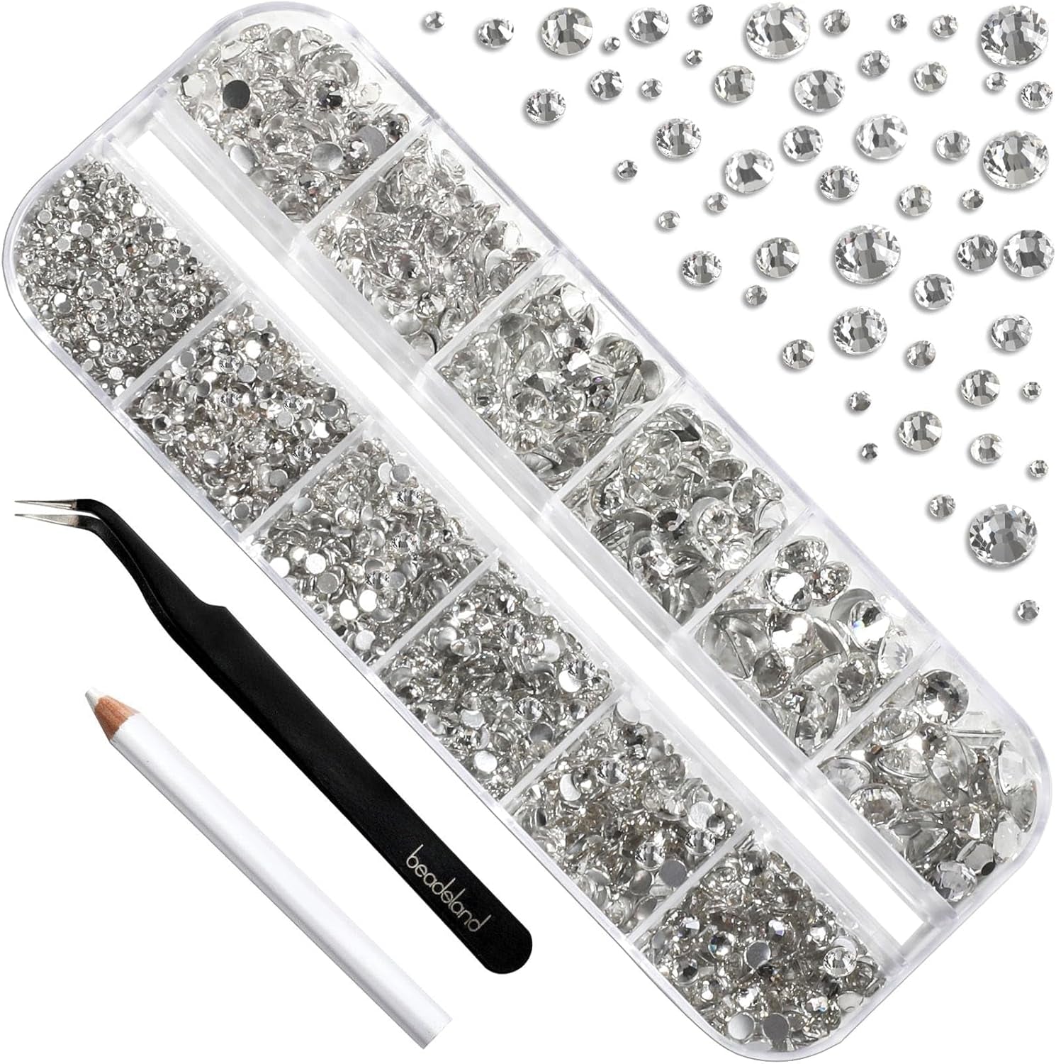 Beadsland 2500st Glas Nailart Strasssteine ​​​​Kristall Flatback Edelsteine ​​​​Runde, ​​Für Handwerk Gemischt 8 Größen SS4 ~ SS30 Mit Picking Pinzette Und Stift (Kristall Weiss)