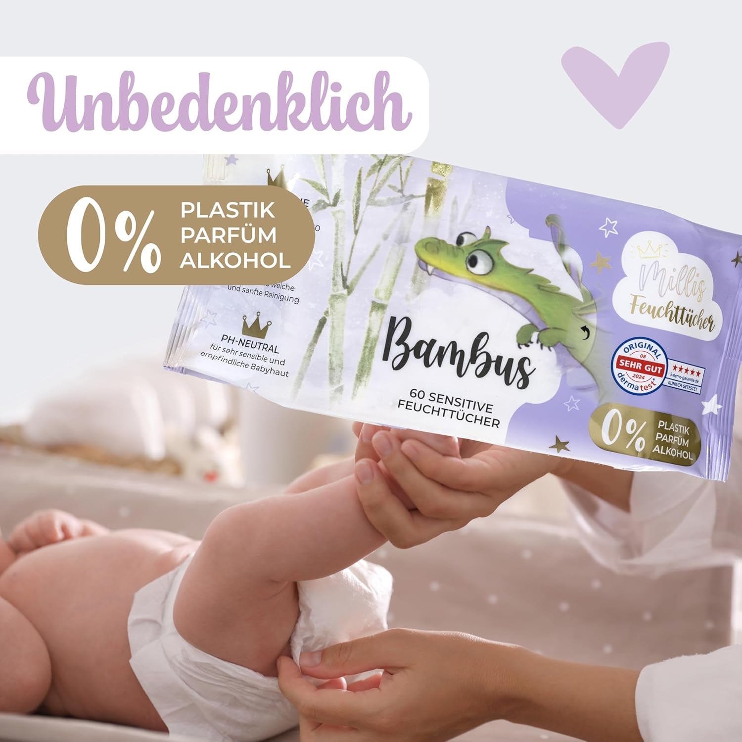 Millis Bamboo Baby Sensitive våtservetter för ömtålig babyhud - 5 x 60 stycken - Naturlig, skonsam och hållbar rengöring - Biologiskt nedbrytbara babyservetter, plastfria och alkoholfria