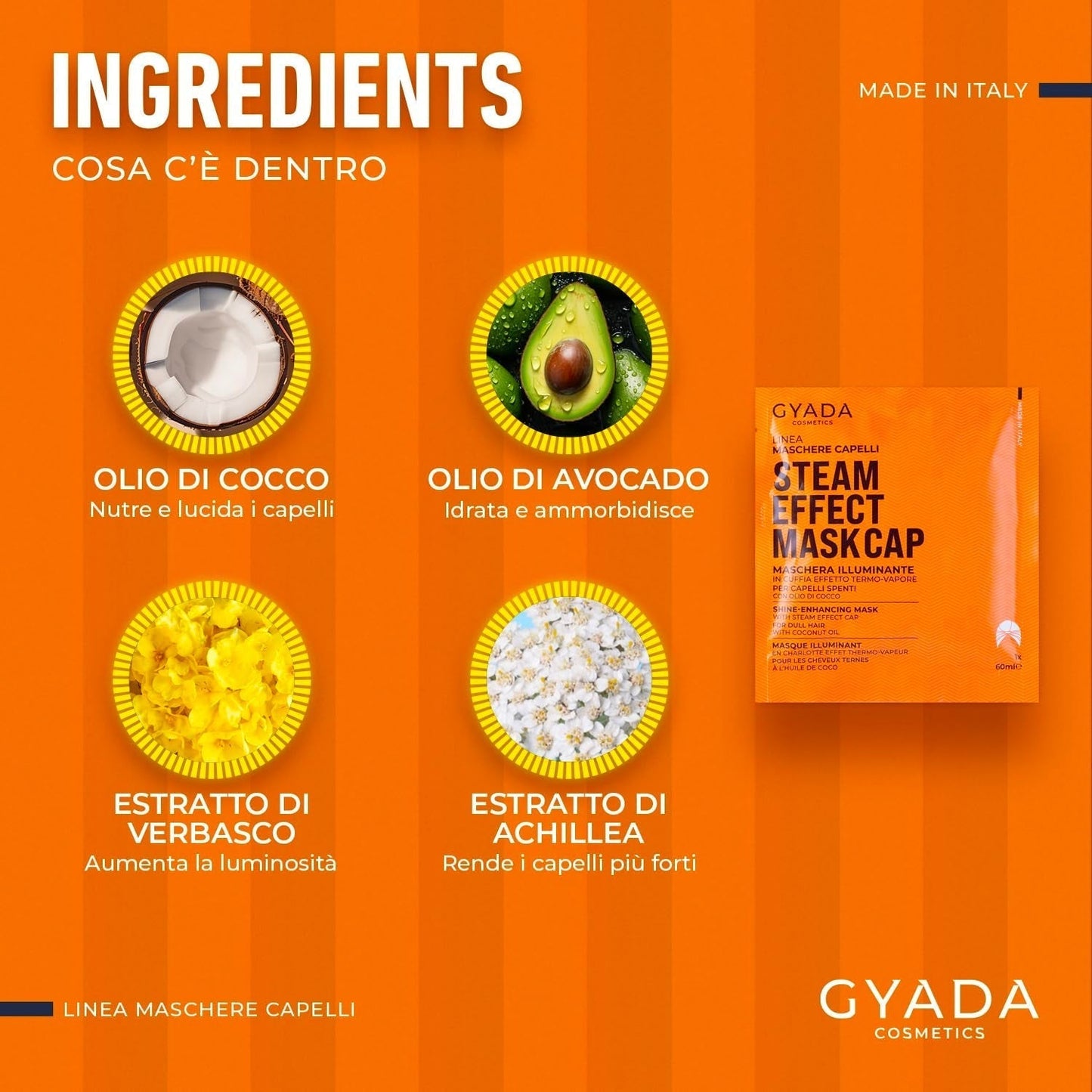 GYADA COSMETICS, hårmask gjord av lätt och vitaliserande material, ger glans och mjukhet, närande och reparerande effekt, med termisk lock, baserad på kokosolja och avokado, 60 ml Naty Shop hårmask