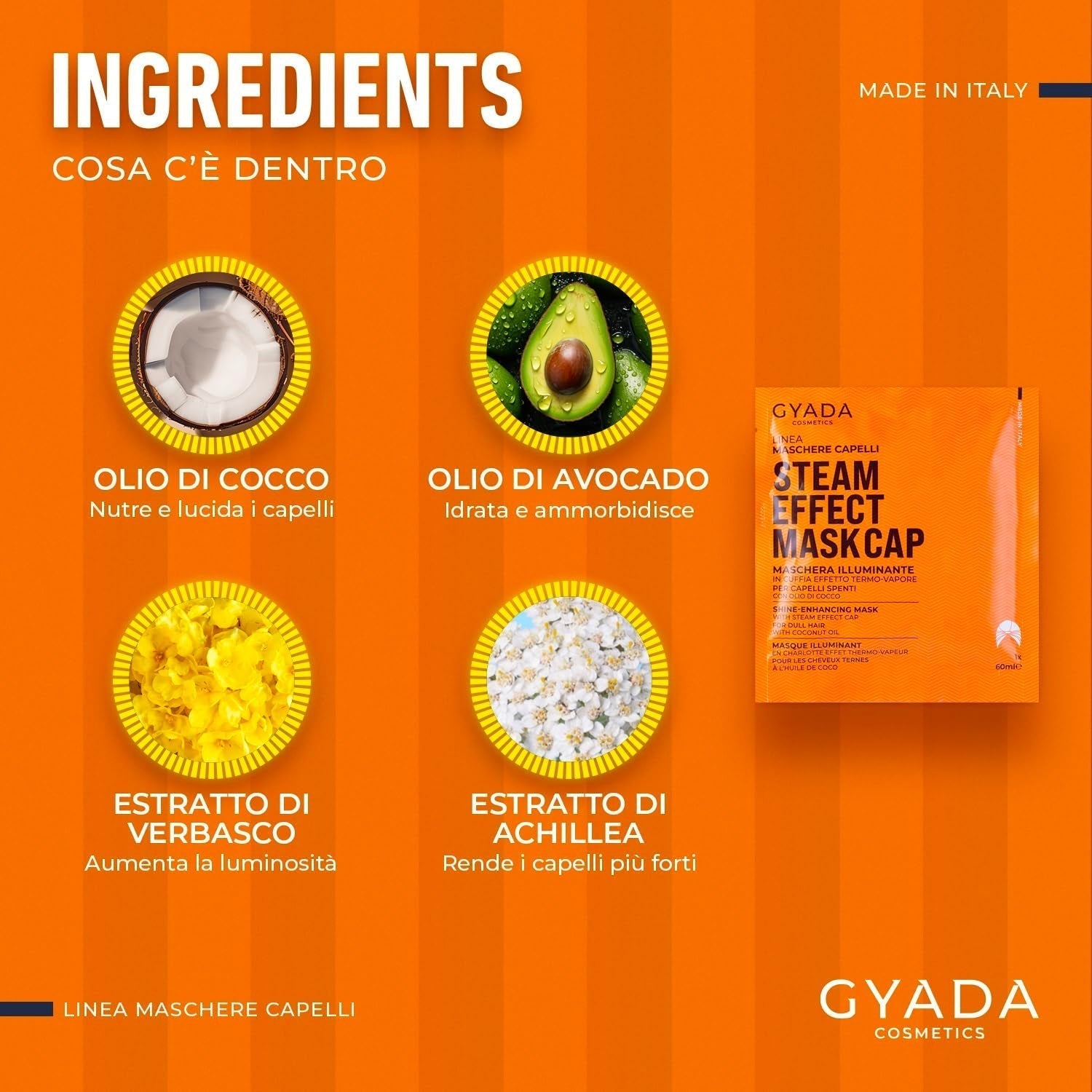 GYADA COSMETICS, hårmask gjord av lätt och vitaliserande material, ger glans och mjukhet, närande och reparerande effekt, med termisk lock, baserad på kokosolja och avokado, 60 ml Naty Shop hårmask