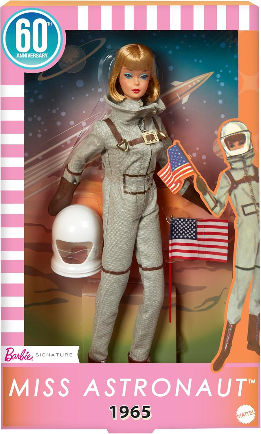 Mattel Barbie Miss Astronaut Samlardocka med silverdräkt, rymdstövlar och hjälmtillbehör, vintagereproduktion av 1965 original, JBJ48 Naty Shop Dolls Standardtitel