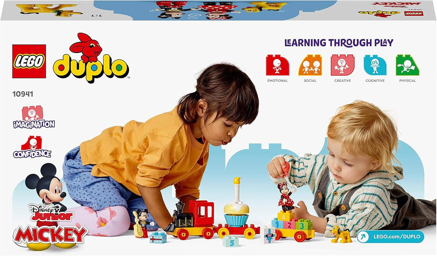 LEGO 10941 DUPLO Disney Musse och Minnie födelsedagståg, leksakståg med tårta och ballonger, present till barn 2 år och äldre Byggset Besuche den LEGO-Store