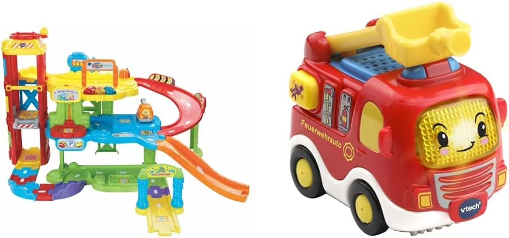 Vtech TUT TUT Baby Flitzer - Parkeringsgarage, färgglad, 66,6 x 75,3 x 45,1 cm & TUT TUT Baby Flitzer - Brandbil - leksaksbil med musik, ljusknapp, intressanta meningar och ljud Bebe Naty Shop Toys Standardtitel