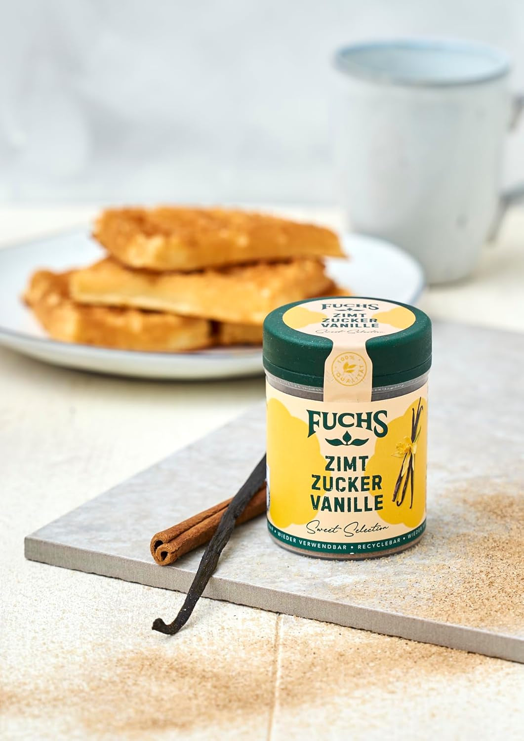 Fuchs Gewürze - Zimt Zucker Vanille - Gewürz zum Versüßen von Wafeln, Milchgetränken eller Joghurt - aus natürliche Ingrediens - 100 g i wiederverwendbarer, recyclebarer Dos