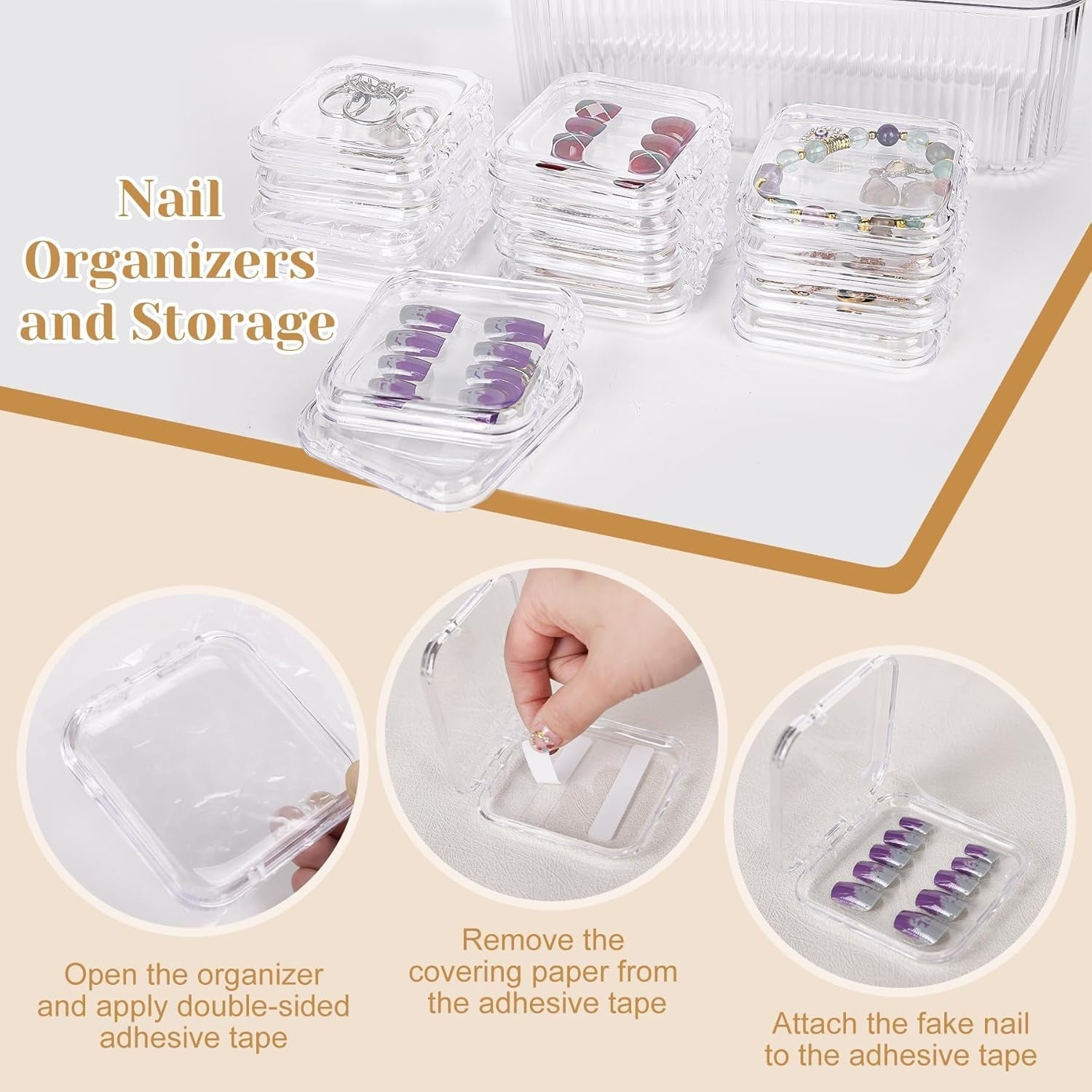 INMORVEN Nail Storage Box Set - 14 genomskinliga spiklådor + 1 stor ask och 60 självhäftande skivor - Idealisk för förvaring av lösnaglar, gelnageltillbehör och nagellack (14 stycken i ett lager)