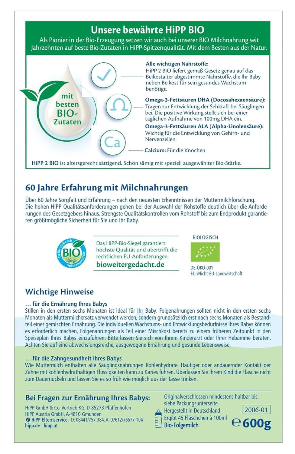 HiPP 2 Ekologisk tillskottsmjölk (4 x 600g), efter 6 månader, med Omega-3 (DHA, ALA), kalcium och lättberedd ekologisk stärkelse, av bästa ekologiska kvalitet