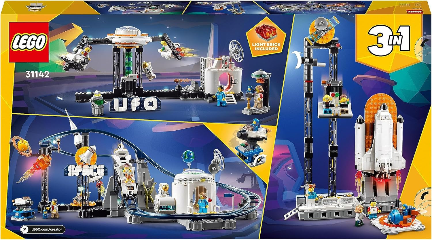 LEGO 31142 Creator 3-i-1 Space Rollercoaster Toy Kit för barn med vagnar, konverteras till ett frittfallstorn eller karusell med raketer och glödande klossar Byggset Besuche den LEGO-Store