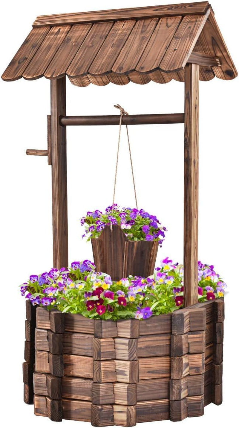 Träfontän 56x56x114cm med tak, Önskebrunn, Trädgårdsdekoration, Blomkrukor, Dekorativ fontän, Blomkrukor, Brun