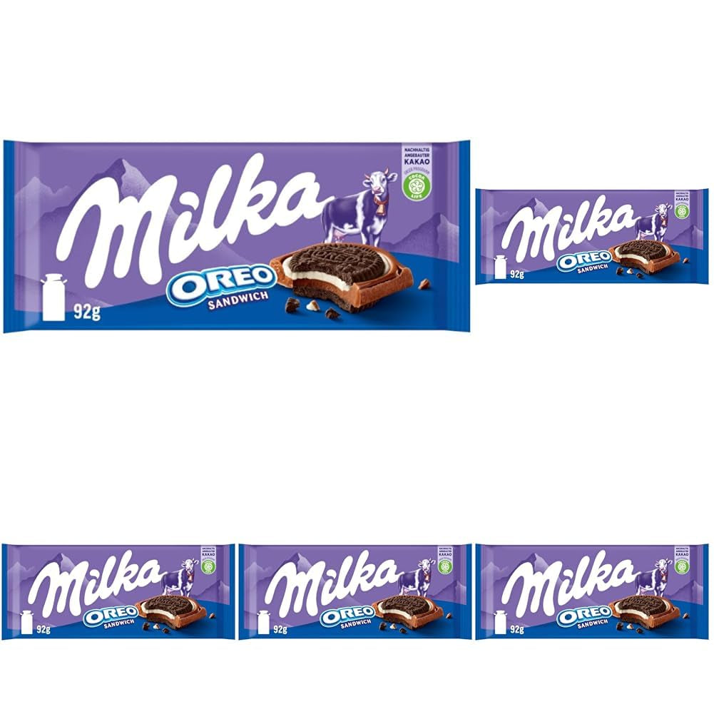 Milka Oreo Sandwich – alpin mjölkchoklad, fylld med knapriga bitar av Oreo-kakor och slät vaniljkräm – 92g