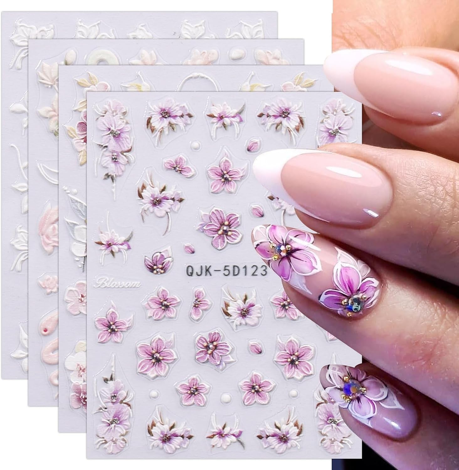JMEOWIO 3D Nagelsticker Blumen Nail Art Sticker Selbstklebend Nagelaufkleber 5D Stereoskopisk Frühling Sommer Dekoration Nageldesign Zubehör 4 Blatt