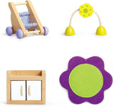 Hape babyrum - dockrumsset i trä, möbler för babydockor, tillbehör till dockskåp för småbarn, babyrum i miniatyr med gunga och tillbehör, rollspel för 3 år