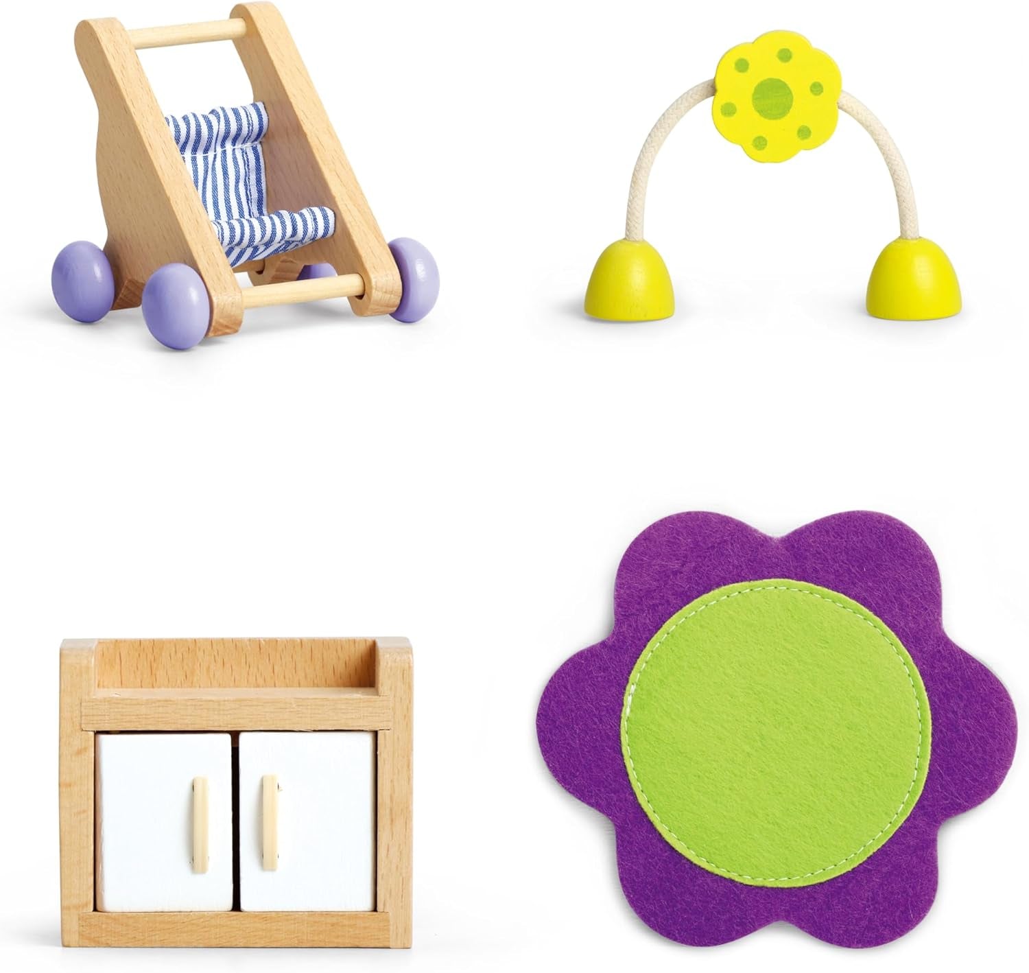 Hape babyrum - dockrumsset i trä, möbler för babydockor, tillbehör till dockskåp för småbarn, babyrum i miniatyr med gunga och tillbehör, rollspel för 3 år