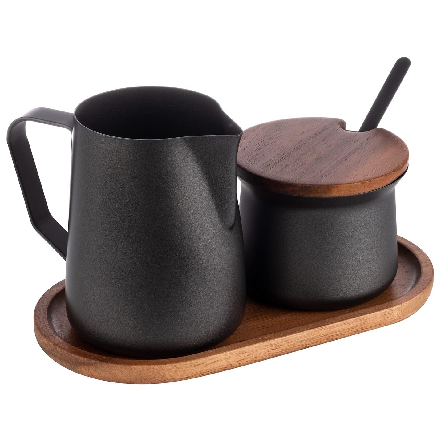 Mjölk- och sockerset APS 634, 5-delat set, akaciaträ, rostfritt stål, non-stick beläggning, svart