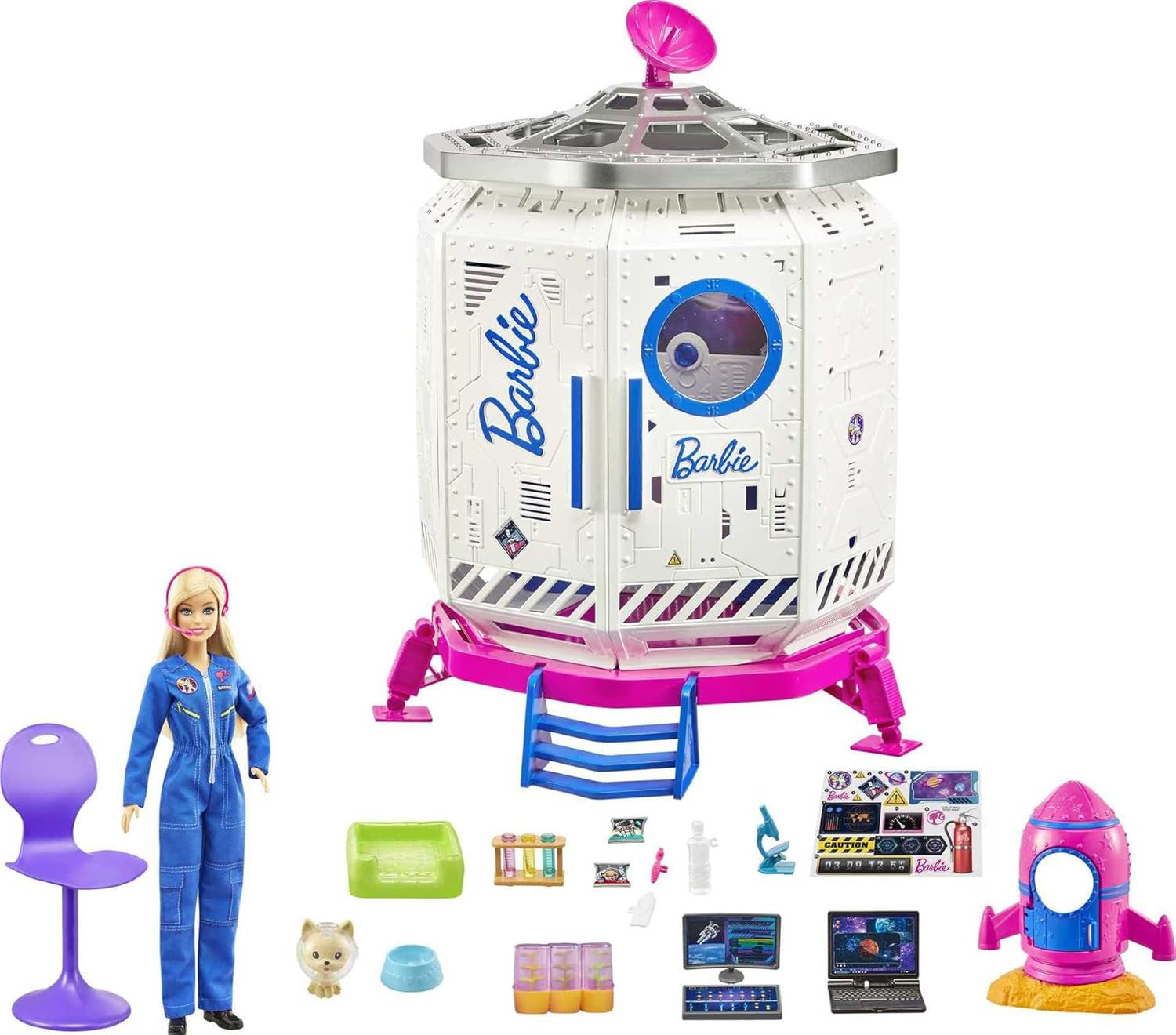 Barbie GXF27 - Rymdstationsrymdäventyr, rymddocka, valp, arbetsstation, rymdscener, 20 tillbehör, presentleksak för barn från 3 år och uppåt
