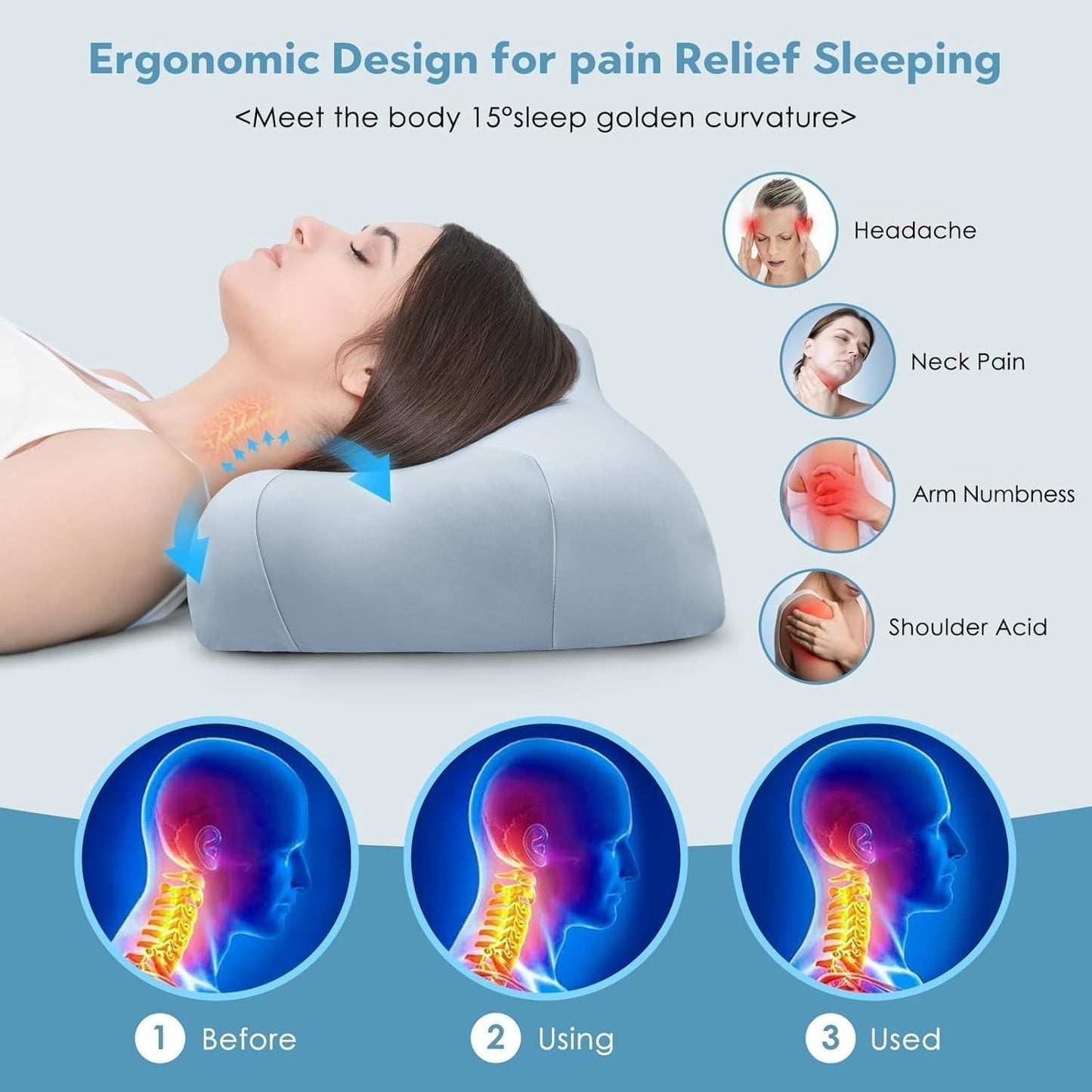 Royalisneeo skönhetskudde för rygg, mage och sidovärk Nacke- och axelvärkskudde Anti-rynkor Anti-aging Memory Foam Kudde Blå (Standard) Cervikala ortopediska kuddar Naty Shop