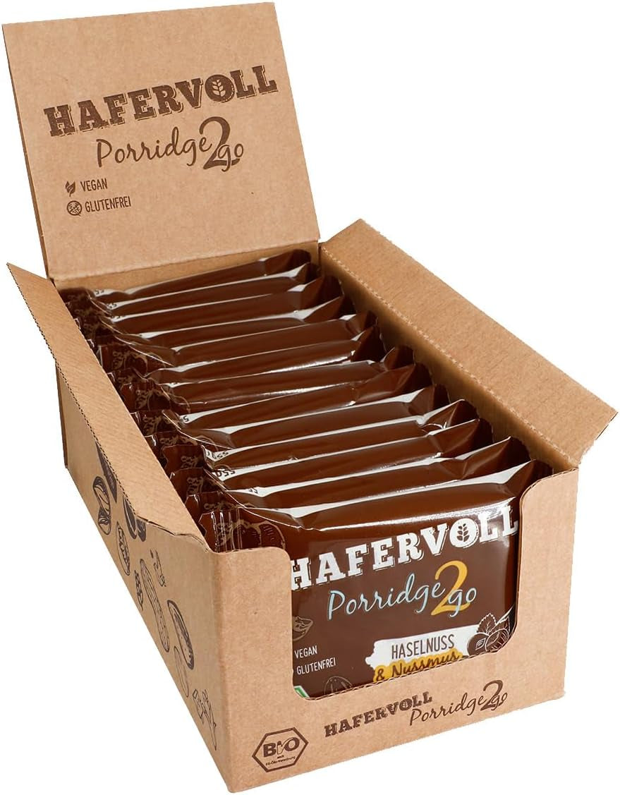 Hafervoll Porridge2go jordnötssmör och nötter, 13 barer x 55 g - vegansk, ekologisk, glutenfri, utan tillsatt socker mellanmål, med havre, dadlar och quinoagodis