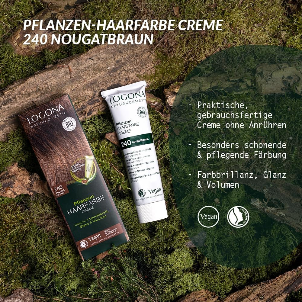 LOGONA Natural Cosmetics Plant Hair Color Cream 240 Nougat Brown, Naturlig färg för brunt hår med henna, färgande kräm för bruna toner, färgning för mörkt hår, 150ml Hårfärgning Naty Shop