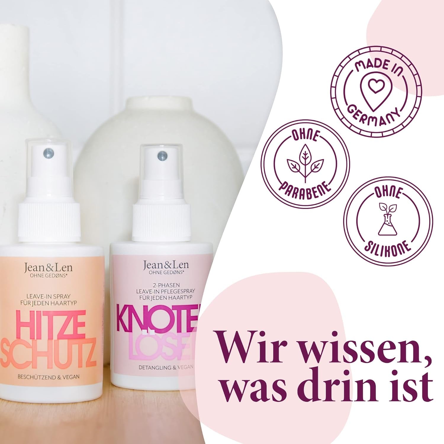Jean & Len Knot Remover 2-Phase Leave-In Conditioning Spray, lämplig för alla hårtyper, reder ut håret och förbättrar kambarheten, fräsch doft, trasselfri, silikon- och parabenfri, vegan, 100ml Detangling-produkter Naty Shop