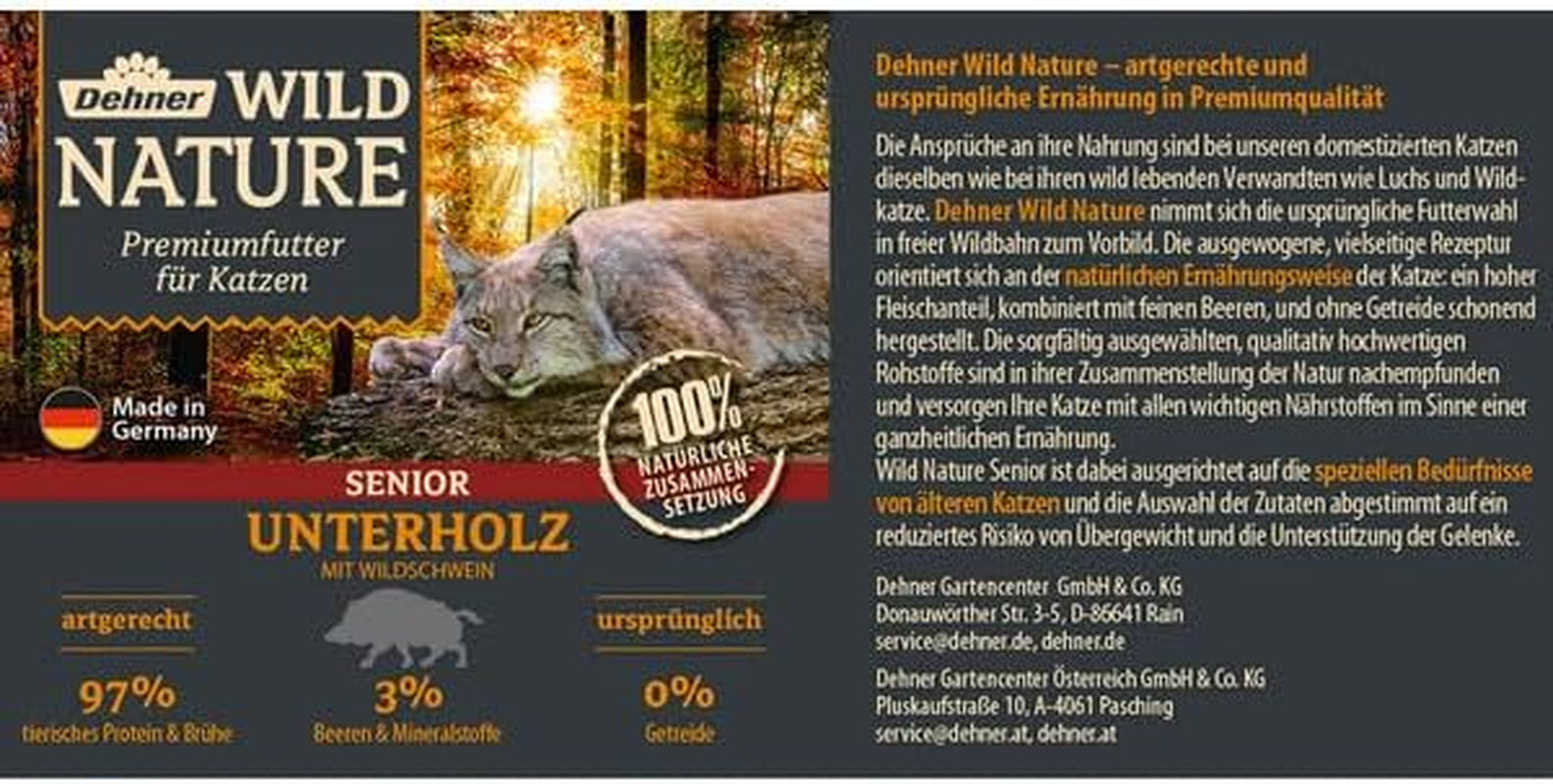 Dehner Wild Nature Katzenfutter Unterholz, Nassfutter getreidefrei / zuckerfrei, für ältere Katzen, Wildschwein, 6 x 400 g Dos, (2,4 kg)