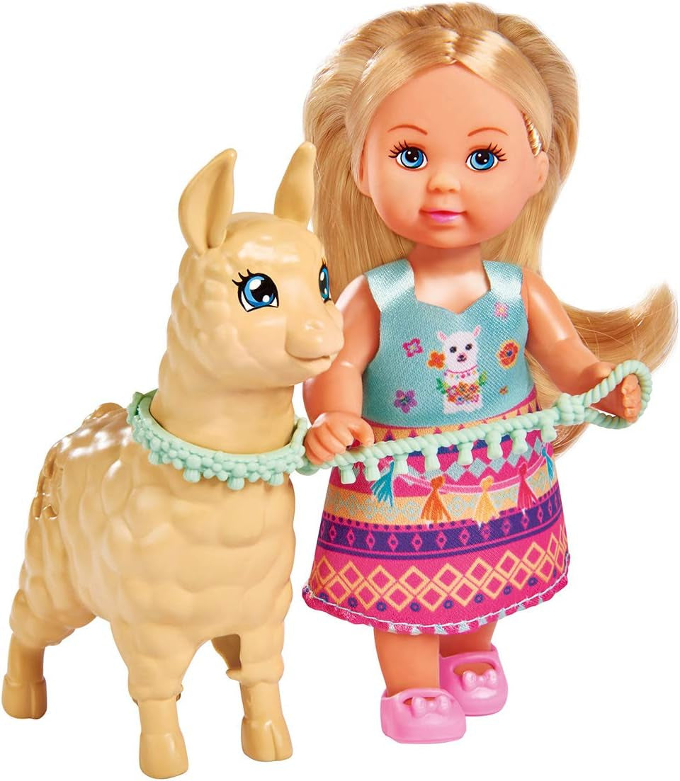 Simba 105733497 - Evi Love Doll i en söt alpackadräkt och koppel, 12 cm, för barn från 3 år och uppåt