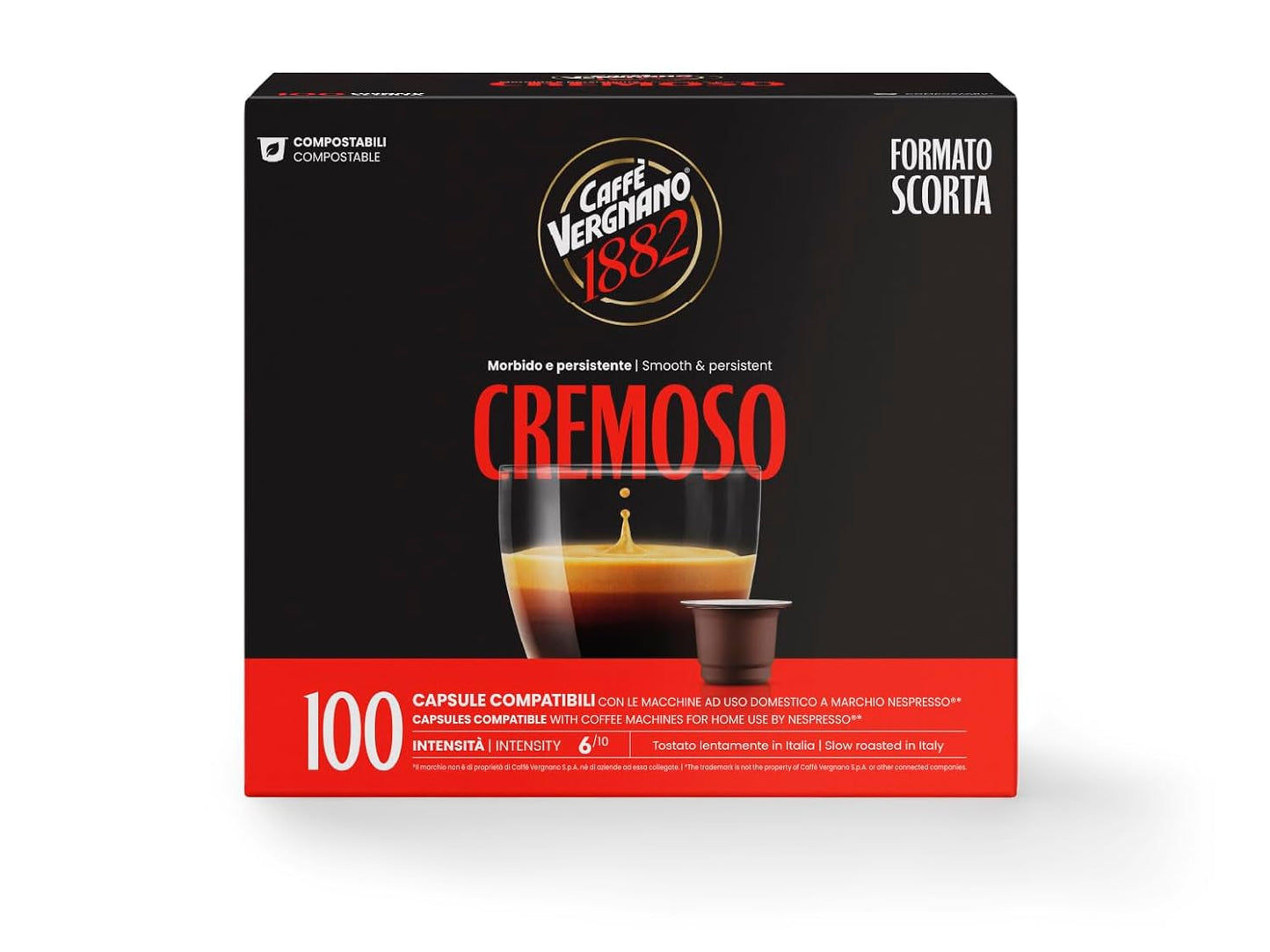Caffè Vergnano 1882 - Èspresso komposterbar Kaffeekapseln, kompatibel med Nespresso, Cremoso (Creamy) - Packung Enthält 100 Kapseln