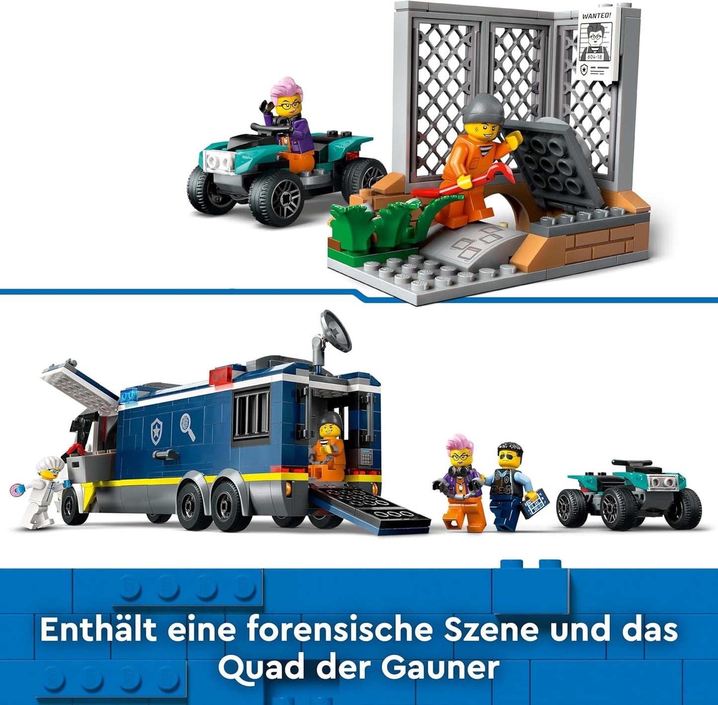 LEGO City polisbil med labb, fyrbäddspolisset och leksaksbil för barn, present till pojkar och flickor från 7 år och uppåt, plus 5 minifigurer - 2 poliser, 1 forskare och 2 skurkar 60418 Byggset Beuche den LEGO-Store