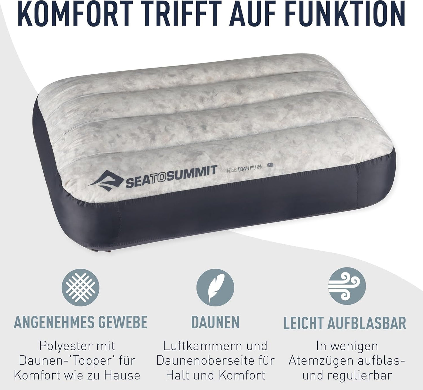 Sea to Summit - Eros dunkudde L - Ultralätt och uppblåsbar - 10D-material - Premium dunkudde - Halkfri - För vandring och camping - 42 X 28 X 12 Cm - Grå - 95 G Naty Shop-resekuddar