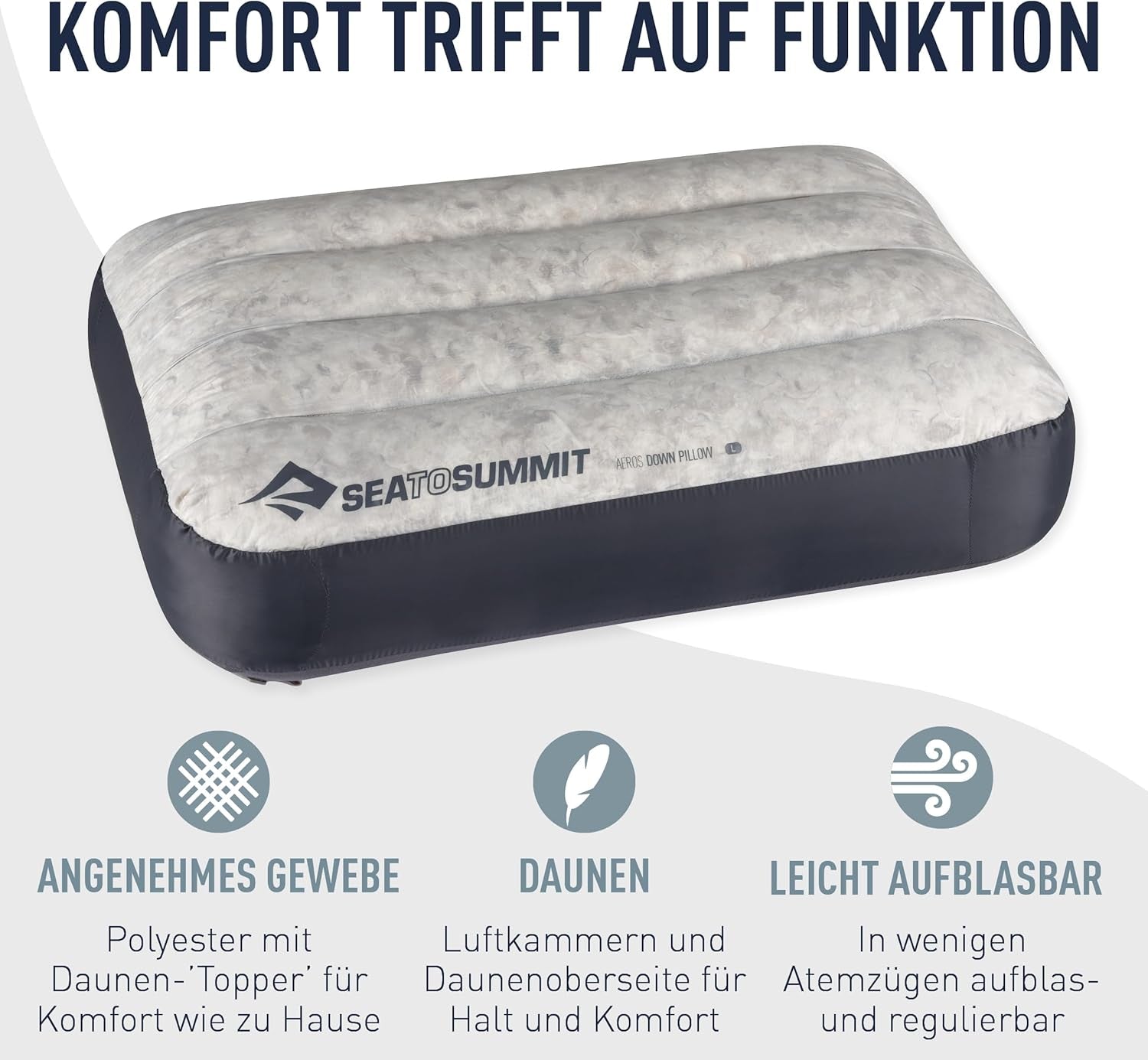 Sea to Summit - Eros dunkudde L - Ultralätt och uppblåsbar - 10D-material - Premium dunkudde - Halkfri - För vandring och camping - 42 X 28 X 12 Cm - Grå - 95 G Naty Shop-resekuddar