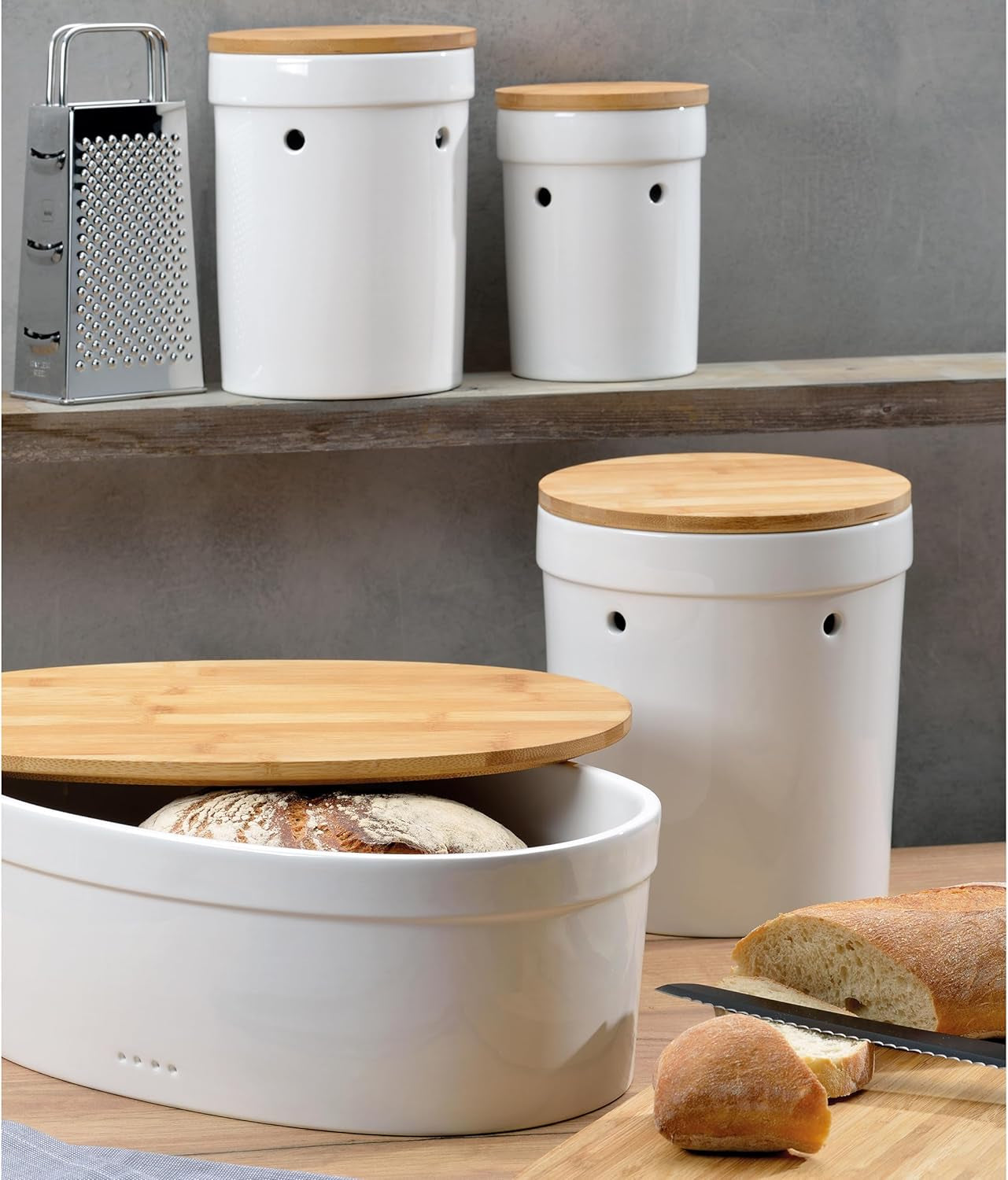 FPA brödlåda med ventilationshål, keramisk brödlåda, SALENA, brödskål, vit, 36,5 x 23,5 x 14 cm Matförvaringslådor Naty Shop