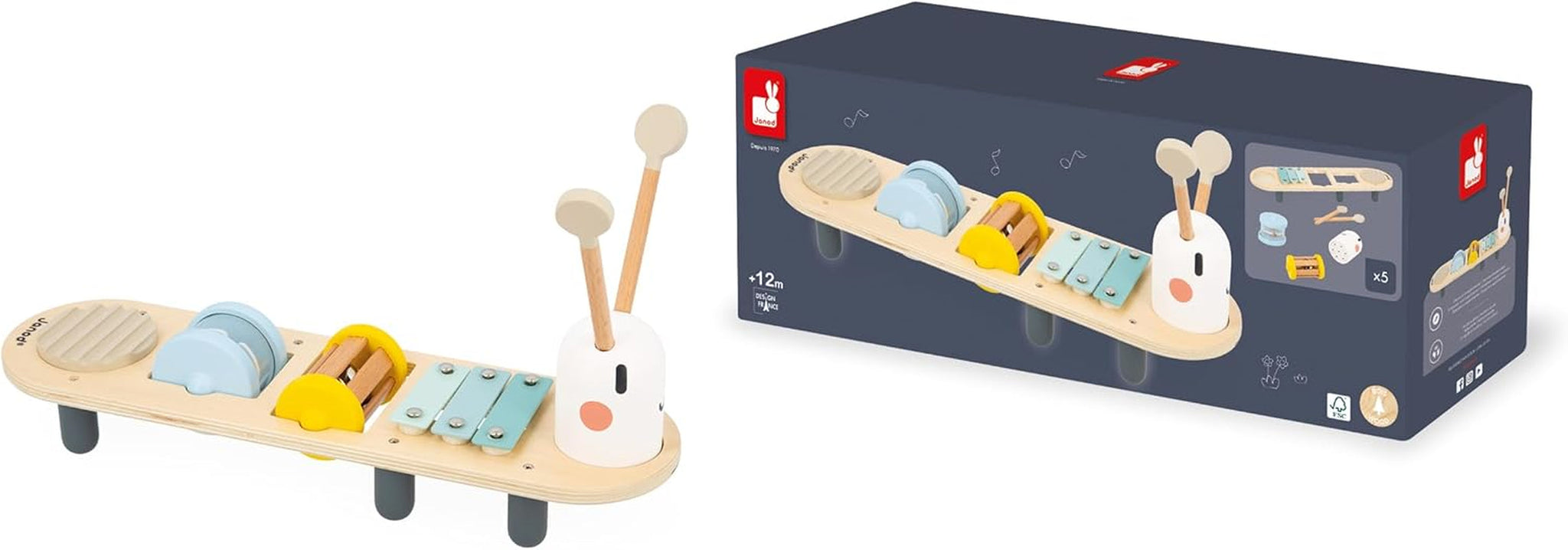 Janod - Sweet Cocoon musikaliska spår - 5 musikaktiviteter för barn - Tidig musikalisk utbildning - FSC träleksak - Från 12 månader, J04058 Baby Toys Naty Shop