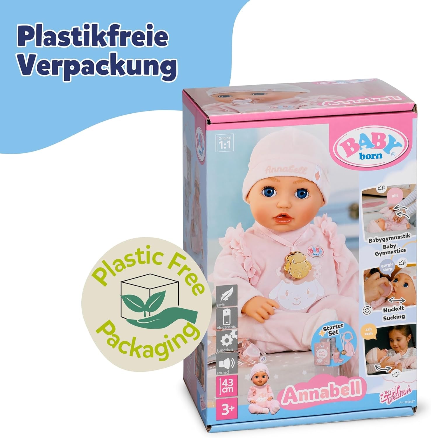 BABY Born Annabell 43 cm - Mjuk docka med 7 elektroniska funktioner och ljud - Lämplig för barn från 3 år och uppåt - Docka inkluderar tillbehör - Kräver batterier