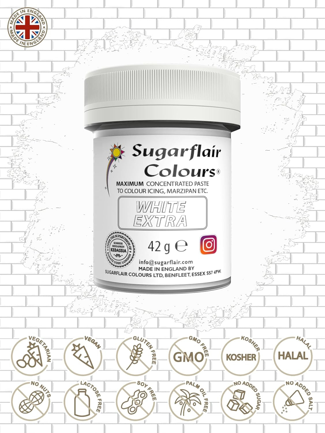 Matfärg Sugarflair Max Concentrated White Extra, högkoncentrerad karamellfärg för marsipan och fondant, pastafärgning Max Concentrate - 42 g