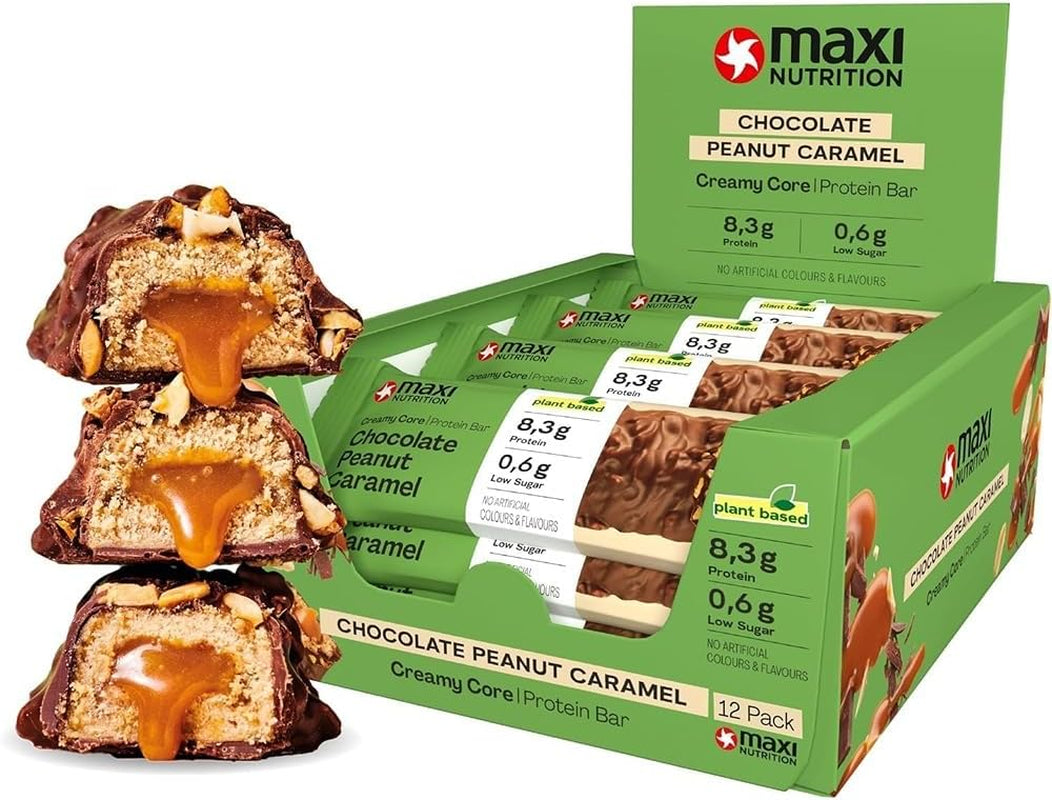 MaxiNutrition Krämig vegansk proteinbar med choklad, jordnötter och kola 12x45g - vegansk proteinbar, 18% protein, 8,3g per bar, låg sockerhalt (0,9g), inget tillsatt socker, inga konstgjorda smakämnen